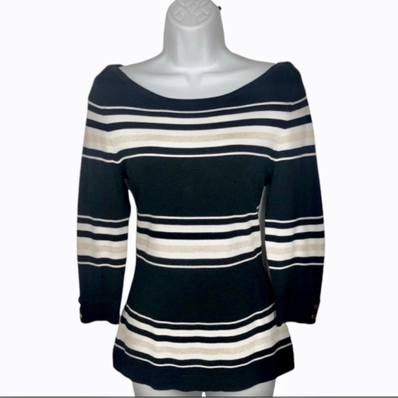 WHBM gold metallic stripe knit sweater 3/4 sleeves - Picture 1 of 11